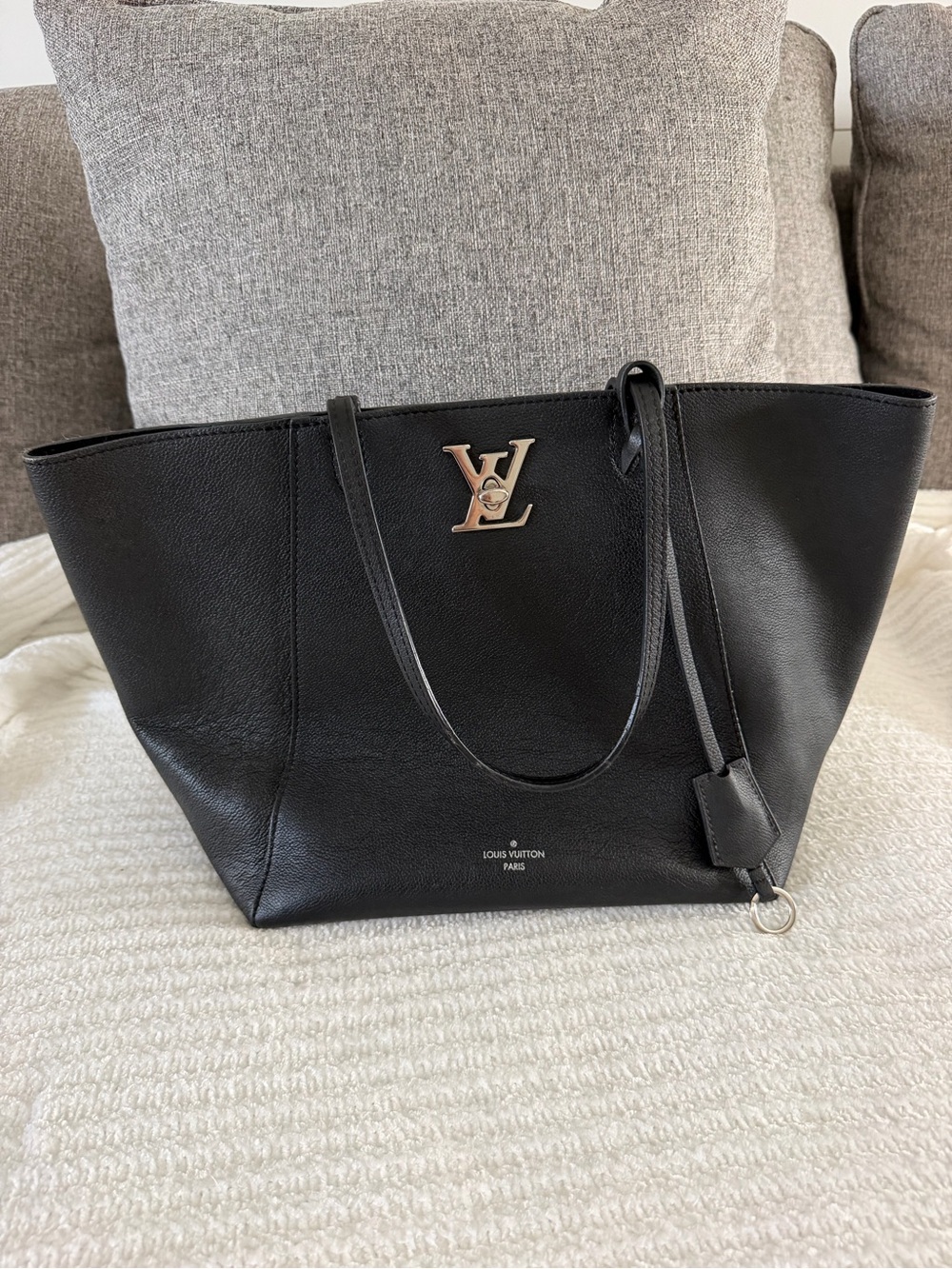 Louis Vuitton Black Leather Tote with Gold LV Emblem